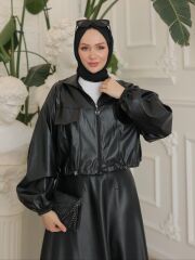 Beli lastikli Deri Ceket-siyah