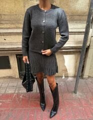 Hırka Ve Pile Detaylı Etek Triko Takım