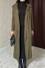 Kapüşonlu Sırtı Baskılı Cepli Uzun Hırka