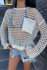 Cep Detay Simli Ajurlu Triko Bluz -EKRU